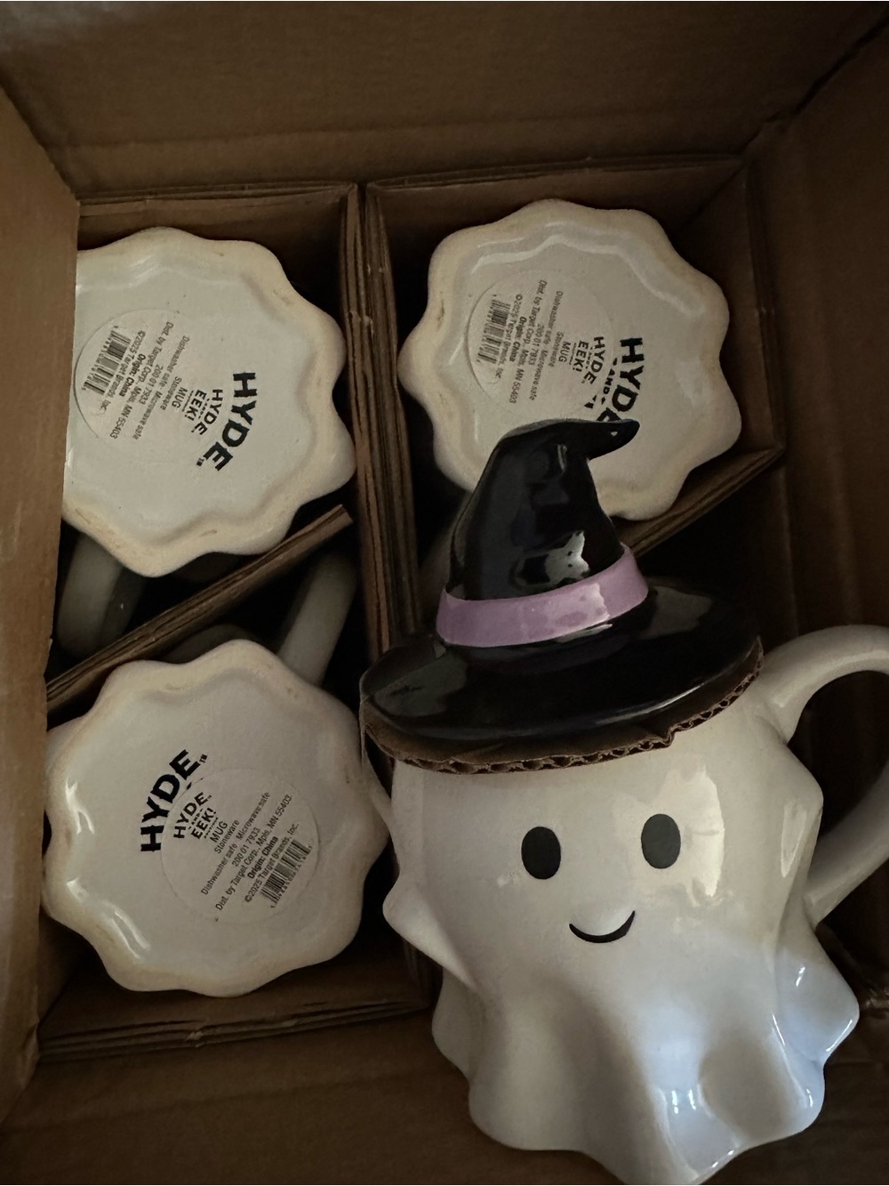 White Ghost Mug with Black Witch Hat Accent - Halloween Party Decor set of 4
